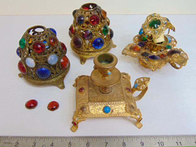 4 jeweled brass candle holders, includes pair with large faceted glass jeweled domes (two loose (1 of 9)