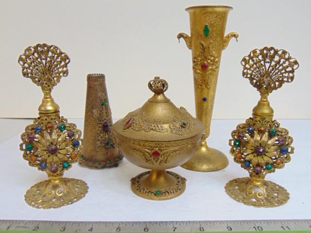 5 pieces of jeweled accessories, vase, lidded jar, perfumes & hat pin holder (?), trumpet vase has (1 of 11)