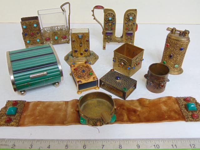 Collection of jeweled brass smoking accessories, match holder, lighter, brass jeweled ashtray, small (1 of 10)
