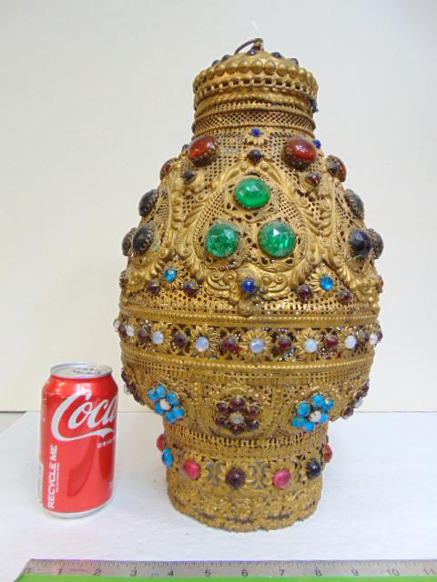 Large jeweled brass filigree lantern, fixture, large faceted glass stones, opalescent amber & other (1 of 6)