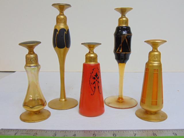 5 Vintage Art Deco glass perfume bottles, glass stems all good, 2 tall black & gilt & 3 smaller, (1 of 5)