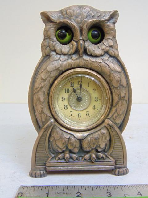Owl travel clock, German made, own front cover with glass eyes, one eye is broken, eyes move, no (1 of 5)