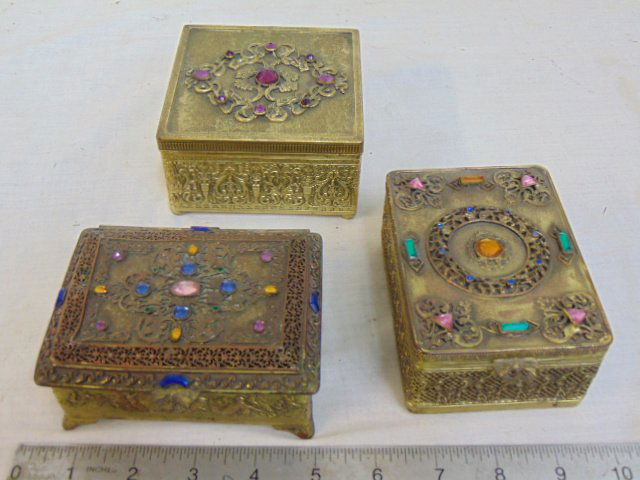 3 vintage brass, glass & jeweled lidded trinket boxes, all three signed E&JB Empire art gold, with f (1 of 10)