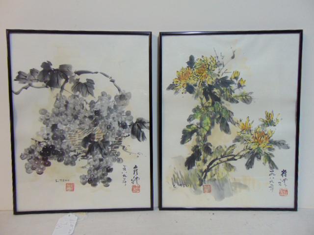 2 Chinese watercolors, floral scenes, signed L. Tsui, each is 16.5" by 12.5" (1 of 7)