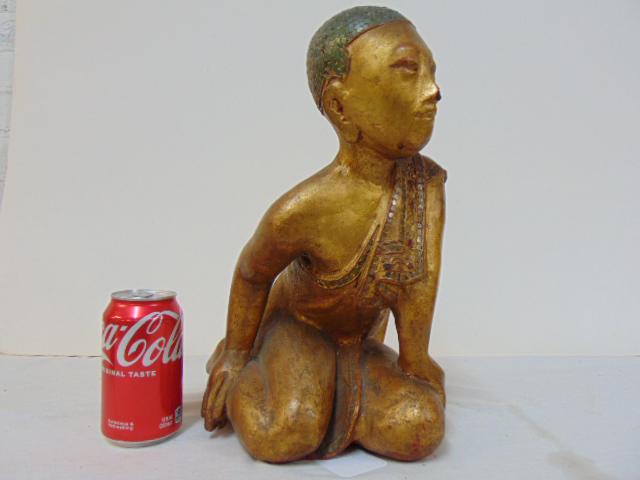 Gilt wood Burmese Buddhist monk carving, "Sariputra", purchased in Burma at the end of WW2 by: Gilt wood Burmese Buddhist monk carving, "Sariputra", purchased in Burma at the end of WW2 by Herbert Ochs who was a Captain in the U.S. Air Force, has loose rear foot, height is 13.25"