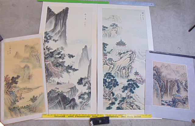 4 Chinese watercolors, paintings, pair of landscapes with temples, figures, signed, 45.25" by: 4 Chinese watercolors, paintings, pair of landscapes with temples, figures, signed, 45.25" by 21.75", house on cliff with figure fishing, "Hand Painted, made in the People's Republic of China" (has sm