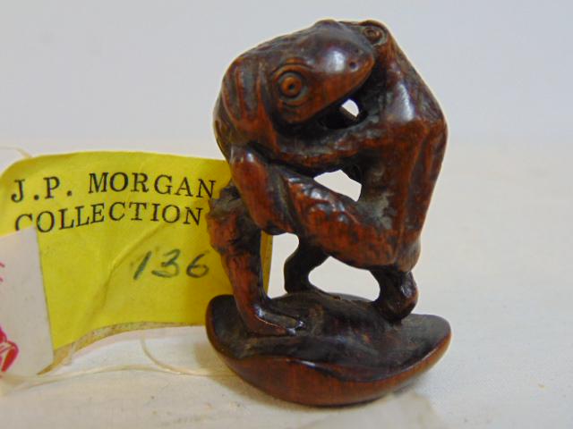 Boxwood carved Japanese Netsuke, from the J.P. Morgan collection, 2 wrestling toads. (1 of 3)