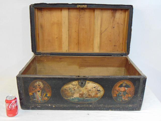 Chinese nautical themed camphor wood trunk with paint decorated leather covering, various nautical (1 of 7)