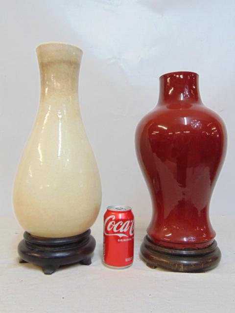 2 Chinese vases, red vase is 14.25" & cream colored vase is 16.25", both drilled. (1 of 6)