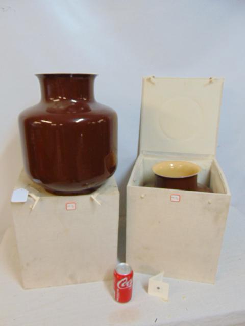 2 large Chinese vases still in box, designed by Bo Jia, in brown with white interior, vases are 14": 2 large Chinese vases still in box, designed by Bo Jia, in brown with white interior, vases are 14" tall