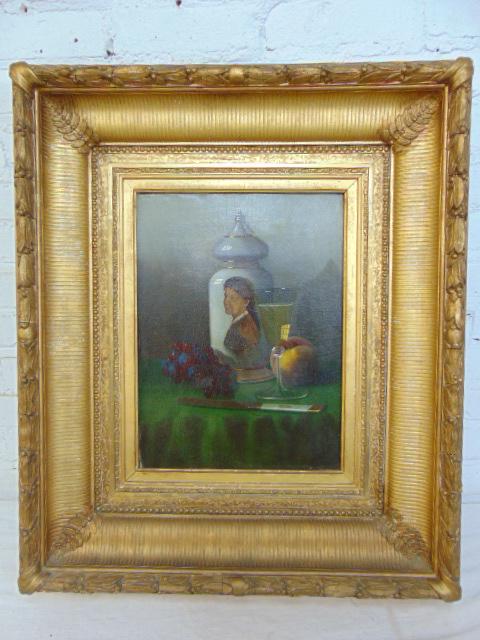Painting, Still-life with jar, glass, fruit, unsigned, oil on canvas in quality gilt frame, relined, (1 of 6)