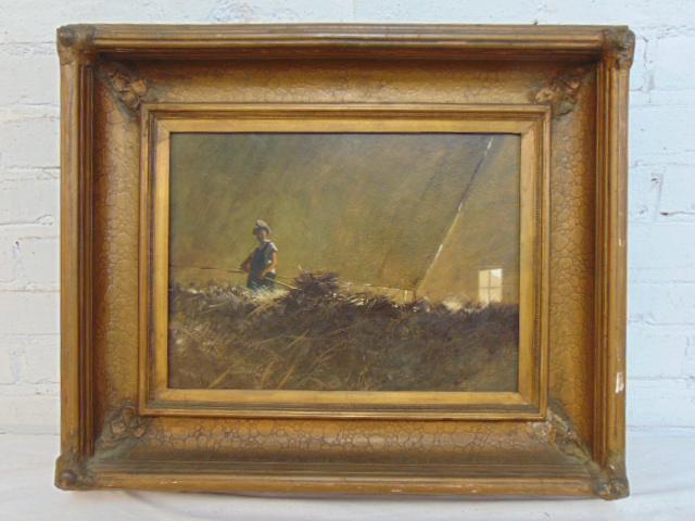 Painting, "The Hay Loft", William Thompson, oil on Masonite, with art Conservation Report, painting (1 of 8)