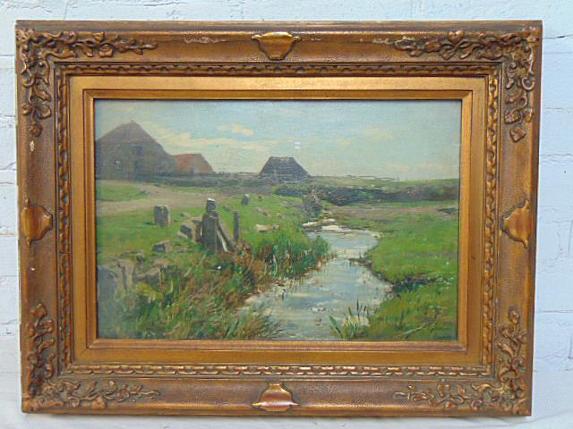 Painting, German landscape with farms, Carl Irmer, "Nachlass", oil on canvas laid down on wood (1 of 8)