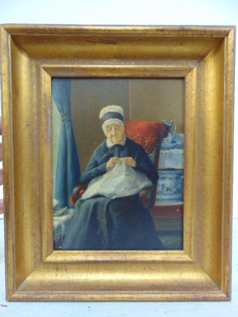 Painting, Woman Sewing, attributed to Edward Lamson Henry, oil on panel. gilt framed, 8.25' by 6 (1 of 4)