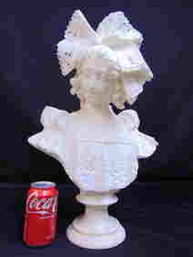 Art nouveau carved marble bust of a girl with lace head covering, dress, pedestal in cracked, (1 of 5)