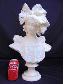 Art nouveau carved marble bust of a girl with lace head covering, dress, pedestal in cracked, (1 of 5)