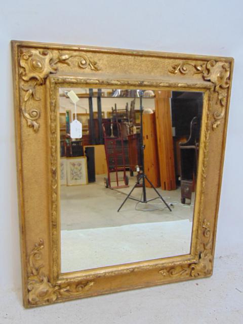 Large gilt framed mirror, carved shields in each corner, beveled glass, total size is 37" by 42.5" (1 of 4)