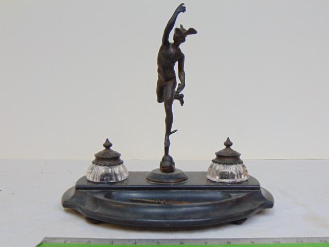 Mercury bronze inkwell desk tray, slate tray with two cut glass ink jars & Mercury figure in center, (1 of 5)