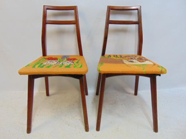 Pair Mid Century side chairs with needlepoint seat, dog scenes. (1 of 4)