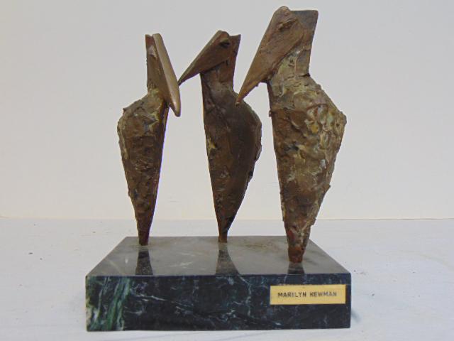 Bronze bird sculpture, Marilyn Newman, three raven style birds on marble base, base is 7" by 5" (1 of 5)