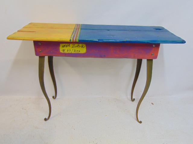 Avner Zabari paint decorated table with metal legs, edition 52/200, 48" by 18.5"yellow & blue top, (1 of 5)