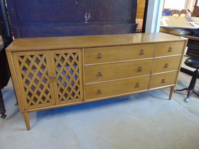John Stuart Mid Century sideboard, chest, blond finish, lattice front door flanked by triple (1 of 5)
