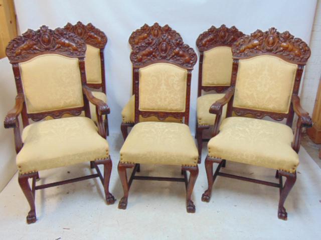 Set 6 carved oak dining chairs, 2 arm, 4 side, with carved lions & claw feet, Horner quality, one (1 of 7)
