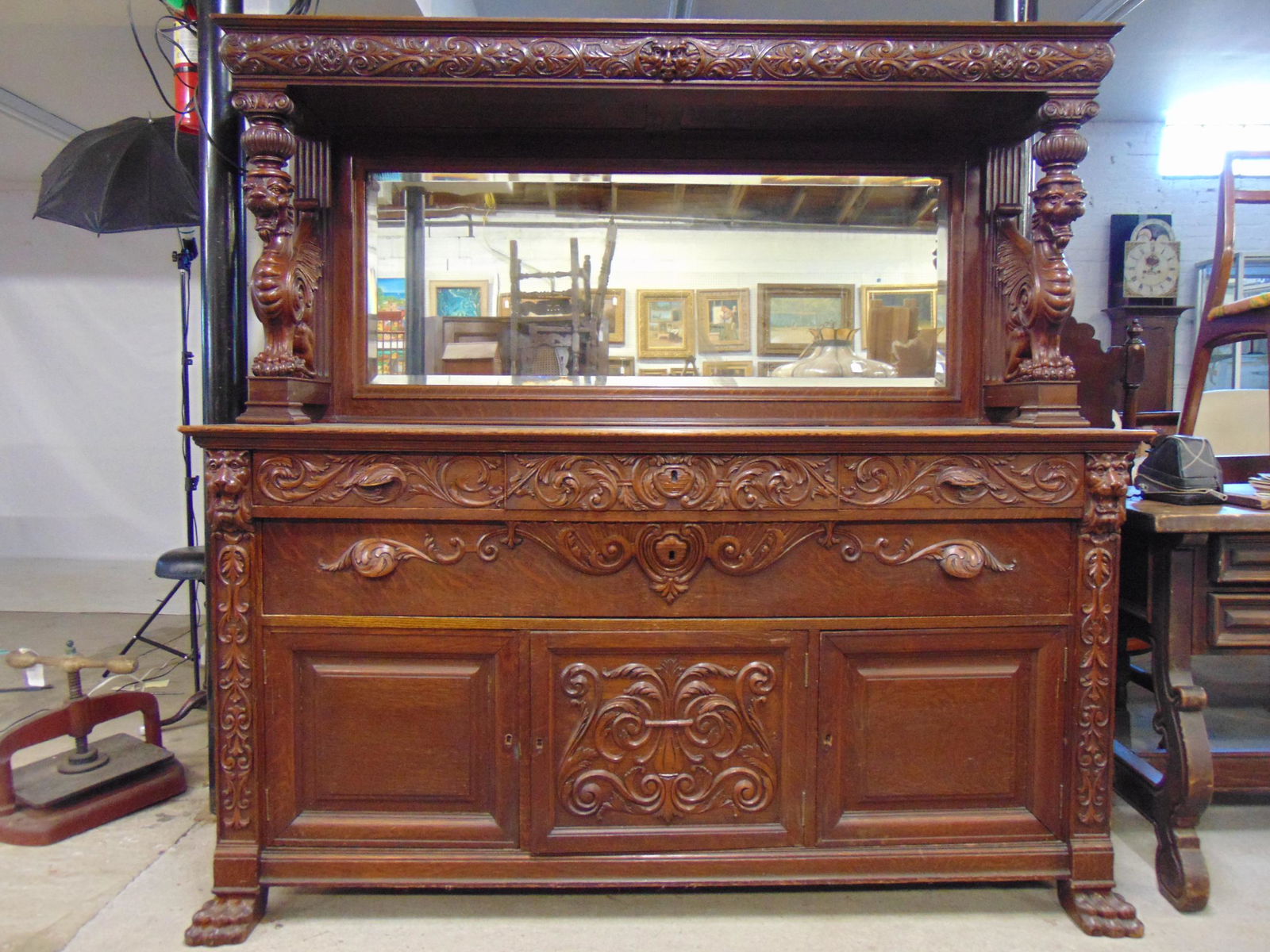 Carved oak sideboard with winged griffins lions heads, & fine carved detail, Horner quality, (1 of 11)