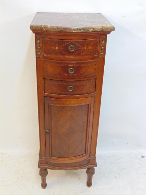 Inlaid marble top French linen or lingerie chest, 3 over 3 hidden drawers, marble top, 16" wide, (1 of 4)