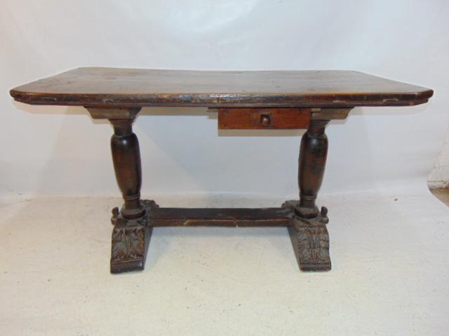 18th Century double pedestal stretcher base table with oak leaf carved feet & small drawer, top is (1 of 6)