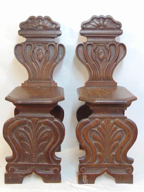Pair early carved Sgabello chairs, carved backs, & front (1 of 5)