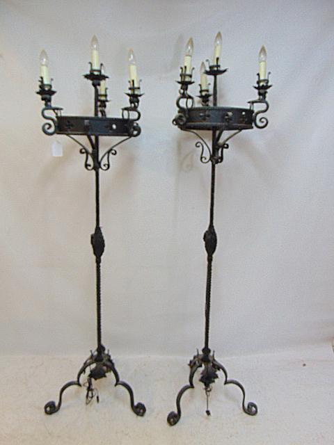 Pair wrought iron torchiere style floor lamps, electrified candle fixtures, height is 6 feet (1 of 6)