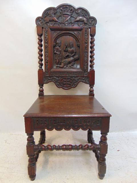 Rufus & Solmer carved oak chair with knight scene carved in back, with armorial shield, "Reste and (1 of 6)