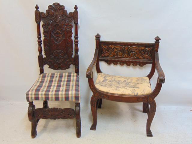 2 carved chairs, arm & side chair, side chair with heavily carved back & base & armchair with carved (1 of 8)