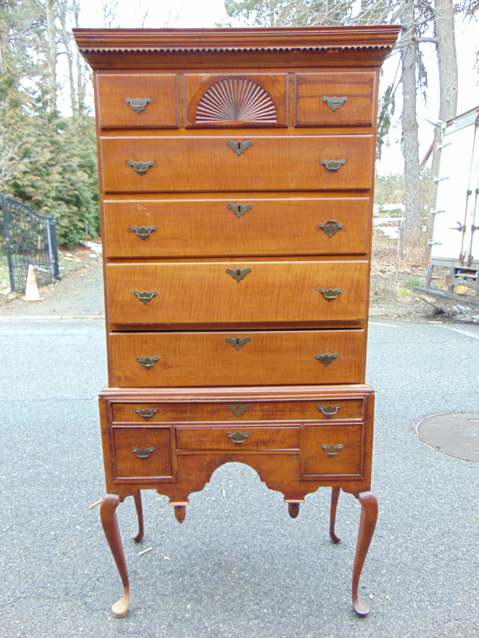 Tiger maple highboy, in two parts, 5 drawer top, some loss of carved crown decoration, finish worn, (1 of 7)