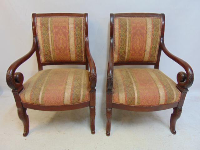 Pair rosewood French arm chairs, striped upholstery & curled arms.: Pair rosewood French arm chairs, striped upholstery & curled arms.