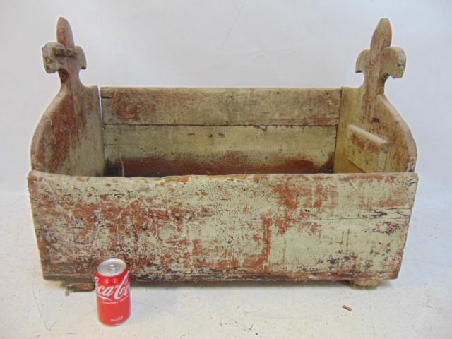 Gothic wood box in old paint with French lily style finials, box is 31.5" by 17.75", height is: Gothic wood box in old paint with French lily style finials, box is 31.5" by 17.75", height is 23.75", old repairs