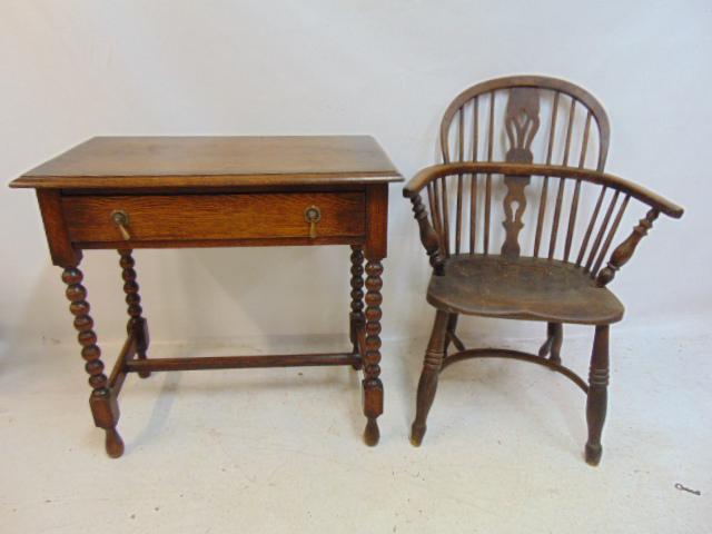 Antique English oak hall table & Windsor chair, single drawer table is 30" by 17.5", height is 28", (1 of 8)