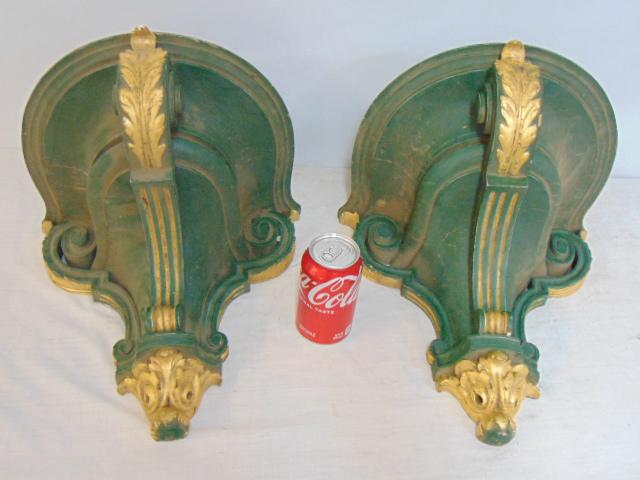 Pair painted shelves or brackets with gilt & carved detail, 13.5" wide, 11" deep, height is 13.5" (1 of 5)