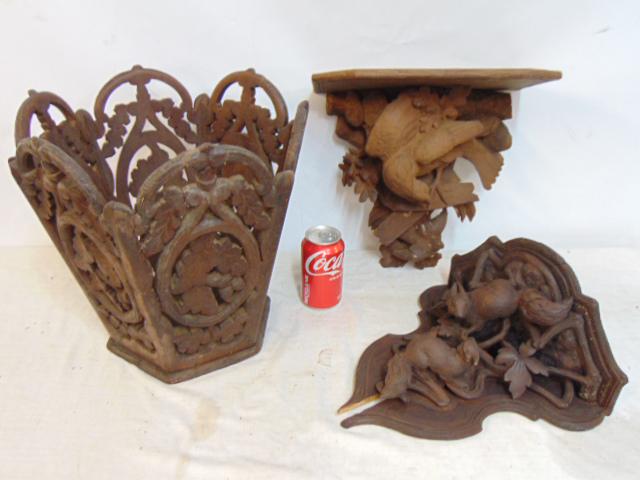 3 Black Forest carved wood shelves & waste bucket, 2 bracket shelves extensively carved, one with (1 of 7)