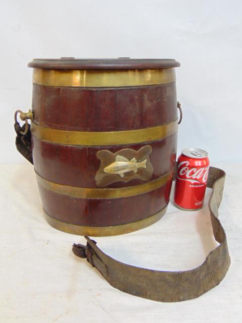 English barrel shaped creel with brass bands ^ silver (?) fish on copper shield , oval, with lift (1 of 4)