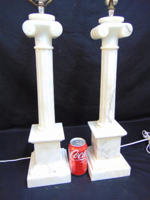 Pair polished white marble column lamps, each lamp is 20" tall (excluding socket) (1 of 4)
