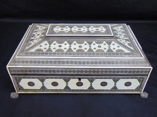 Moroccan or Persian sewing box, intricately inlaid detail interior & exterior, on small claw feet, (1 of 9)