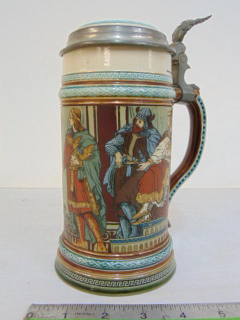 German beer stein by Mettlach, porcelain & Pewter lid, "Gas.Gesch 2402", court scene with nobility (1 of 5)