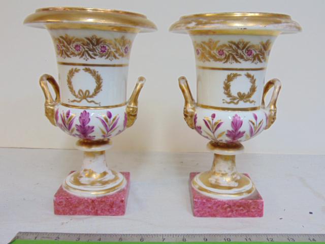 Pair paint decorated porcelain Paris urns with gilt accents, double handled, gilt worn, urns are 10 (1 of 6)