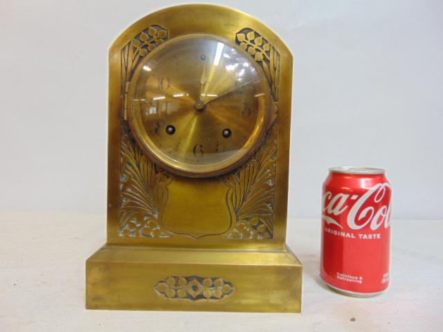 Ansonia brass deco mantle clock, at nouveau elements, brass case, face, clock is 10.5" tall (1 of 7)