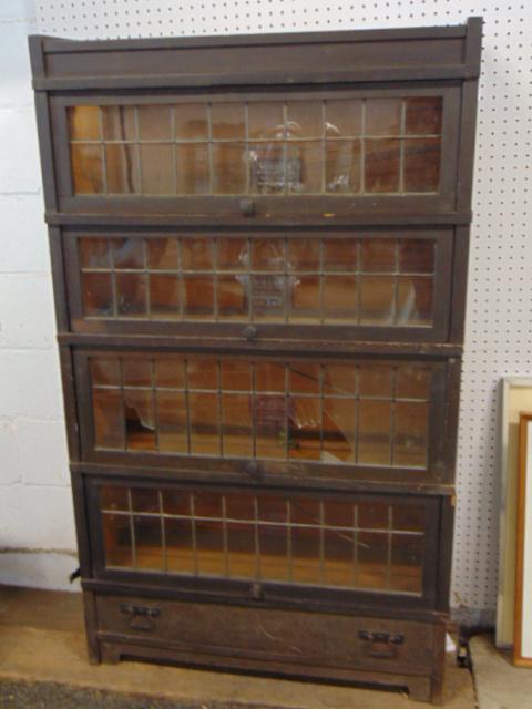 Arts & crafts Mission stack bookcase, dark oak with leaded glass doors, 4 stack plus bottom & top, (1 of 5)
