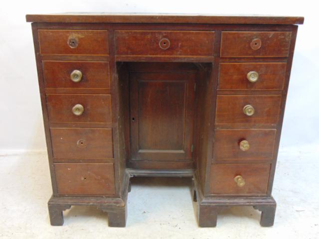 Inlaid antique English kneehole desk, inlaid top, center drawer & 5 drawers on each side, door in (1 of 5)
