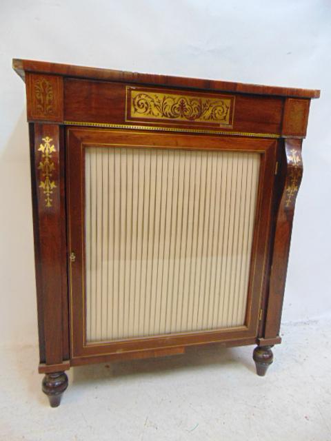 Inlaid rosewood regency Chiffonier, single door, with brass inlay & gallery, cabinet is 31" by 13":, (1 of 6)