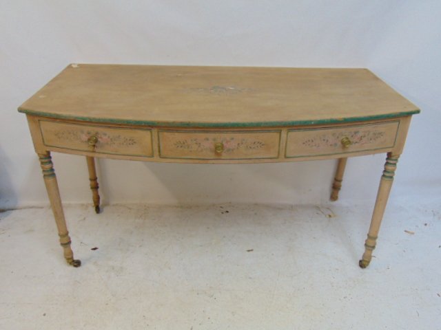 Paint decorated English pine server, in white paint with blue trim, 3 drawers, one foot broken, (1 of 5)